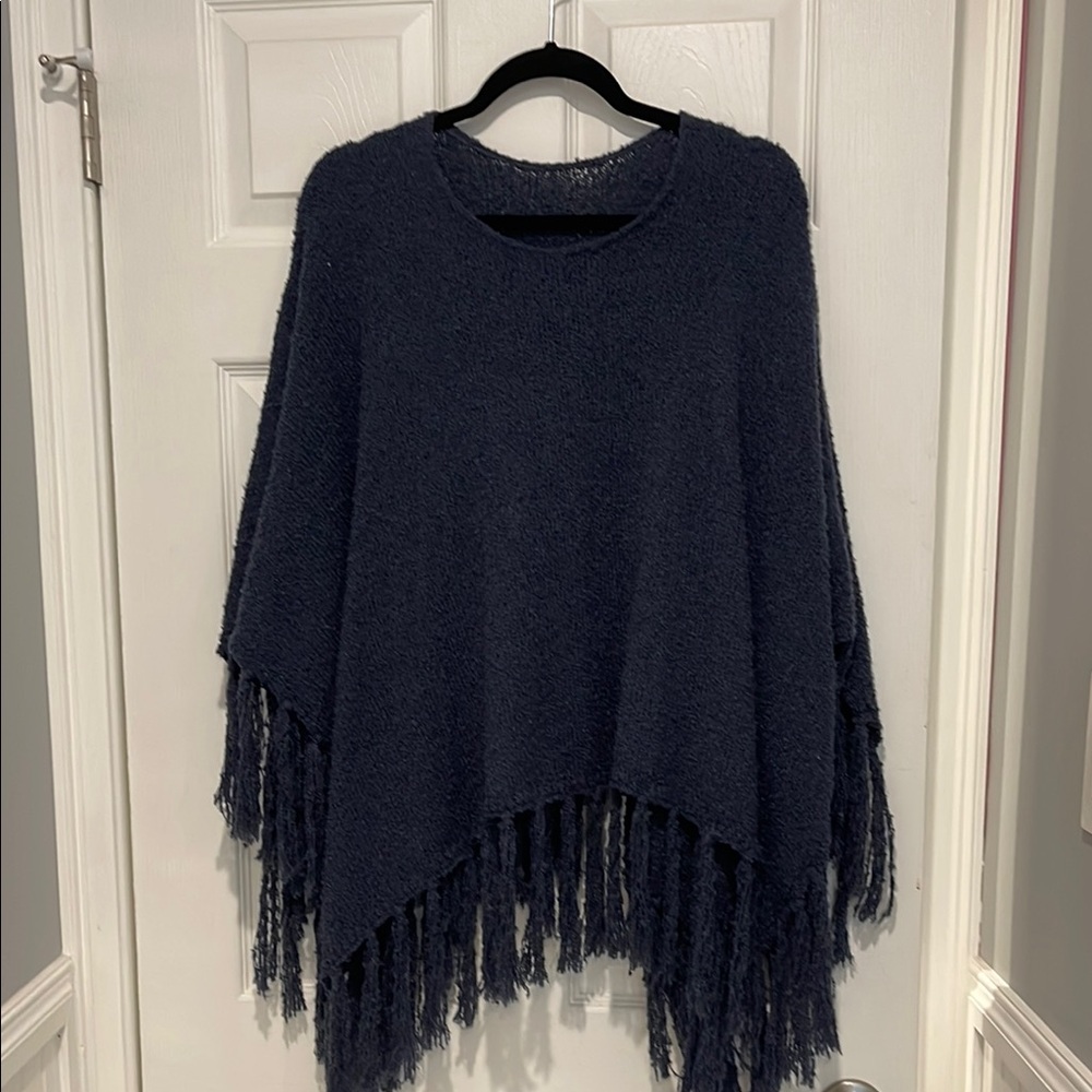 Fringed Navy Sweater Poncho